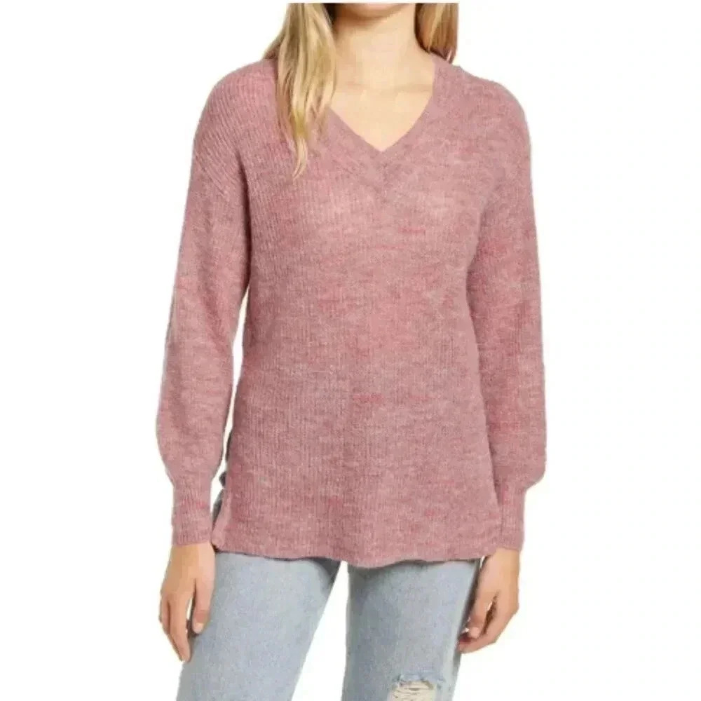 Vero Moda Pink Vilma Knit V Neck Long Slit Sweater S